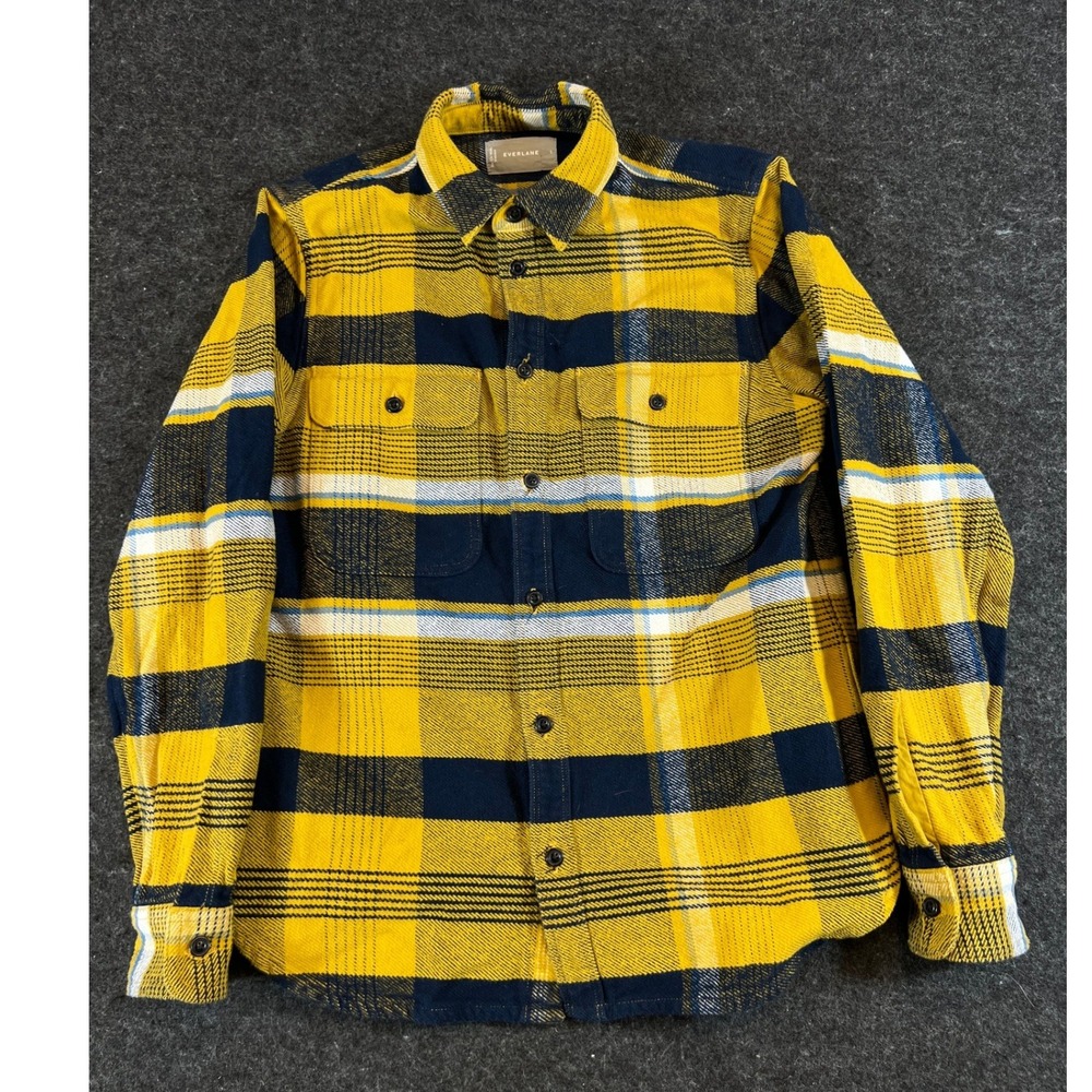 Everlane Relaxed Flannel Overshirt Yellow Navy Blue Plaid Cotton Mens Small